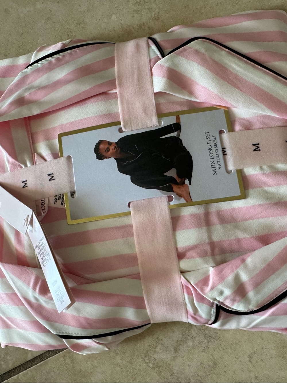 Victoria's Secret Pink & White Striped Satin Pajama Set with Black Trim